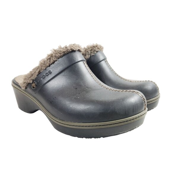Crocs Womens Size 10 Black Faux Fur Lined Clogs Heeled Slip-On Mules - Picture 1 of 8